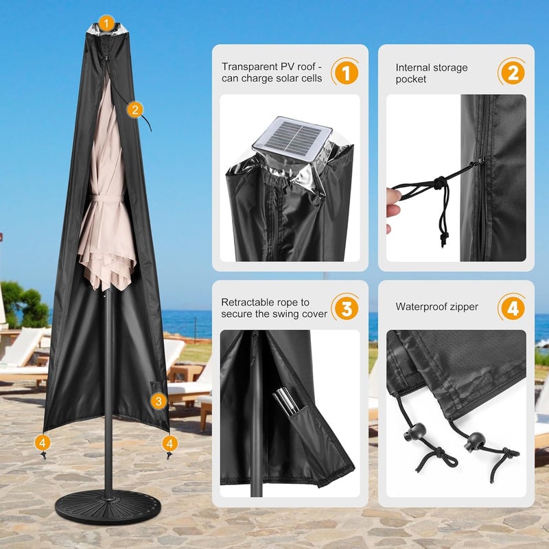 AckMizz Solar Patio Umbrella Cover - Solar Outdoor Umbrella Covers with Folding Rod, Transparent Top Oxford, Parasol Cover For 7.5ft 9ft 10ft 11ft LED Light Table Umbrella(Black) - Image 5